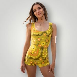 Atmosea URBN Retro 70s Floral Swim Romper Shortini Large Olive Green ECONYL Rec